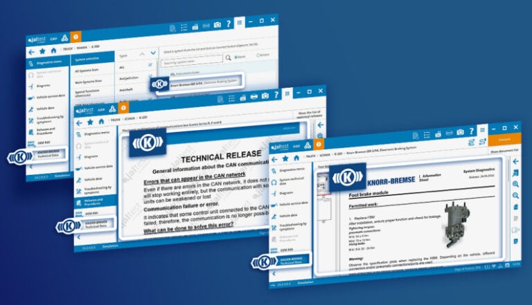 Jaltest Knorr-Bremse diagnostics ohjelmiston kuvakaappauksia